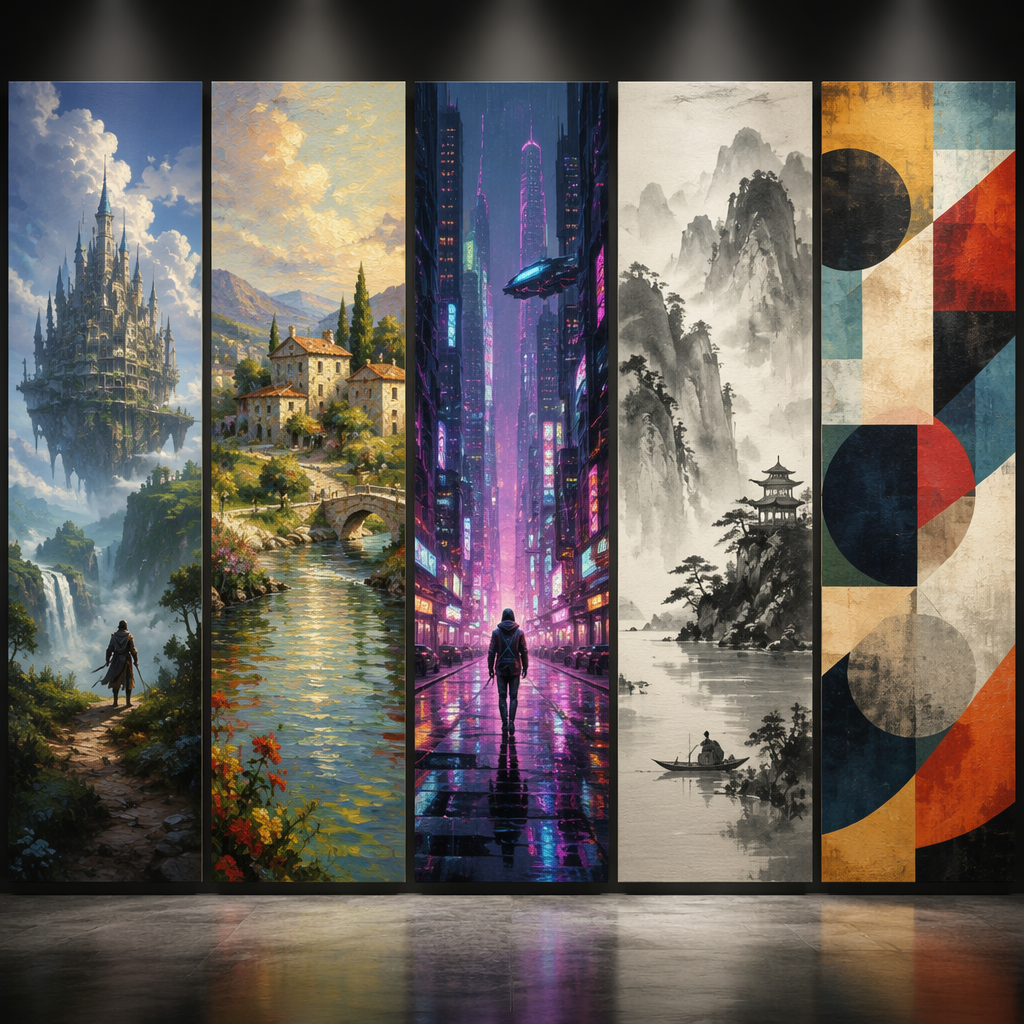 Five AI art style panels comparison