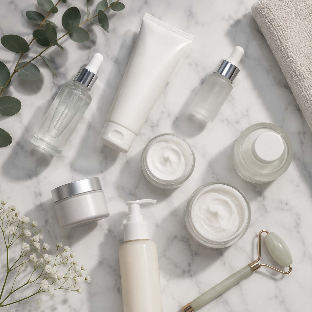 Skincare flatlay on marble