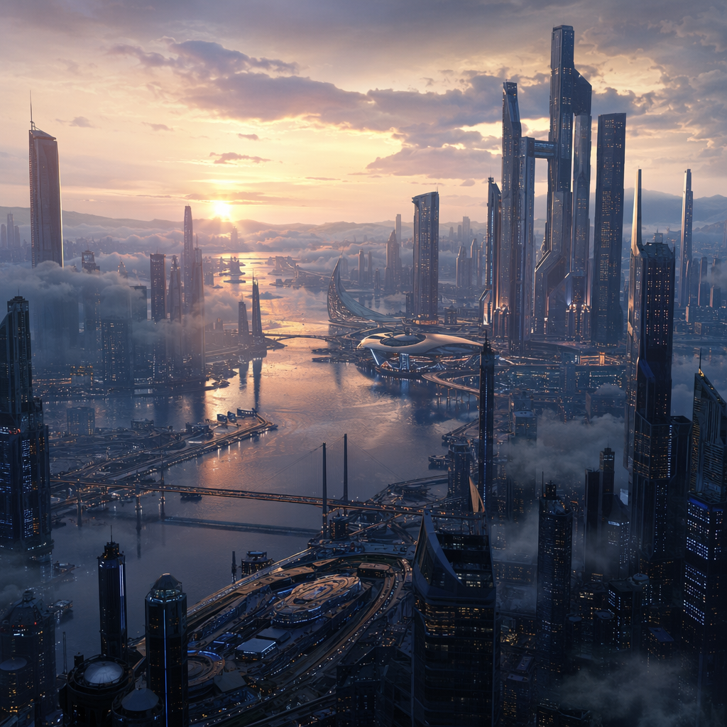 Futuristic city dawn establishing shot